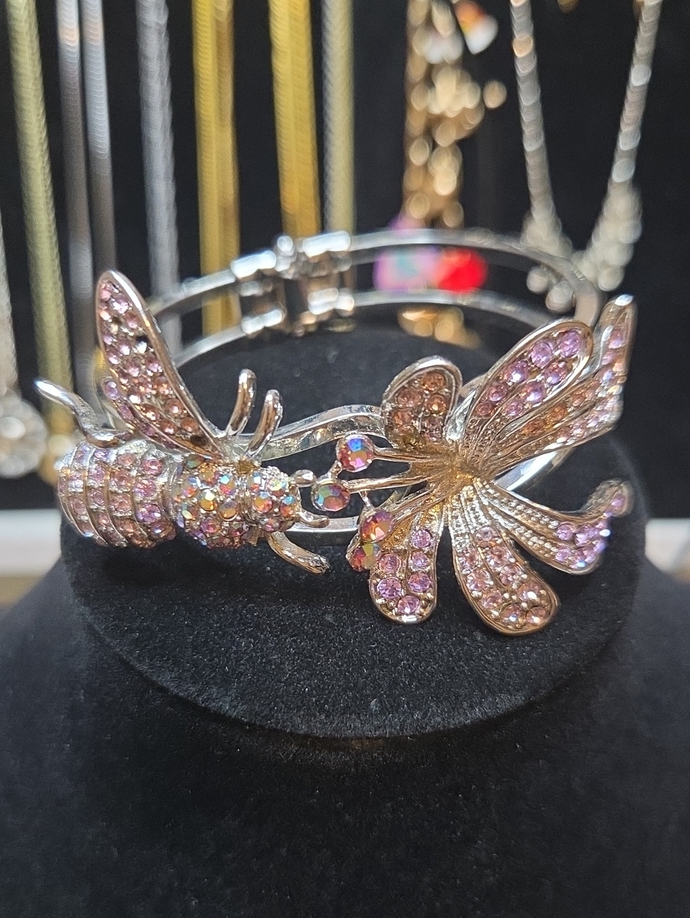 Crystal Bee & Flower Silver Tone Bracelet - Pink Crystal Accents